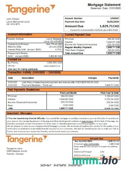 Kanada Bank Tangerine wyciąg z kredytu hipotecznego szablon Word i PDF